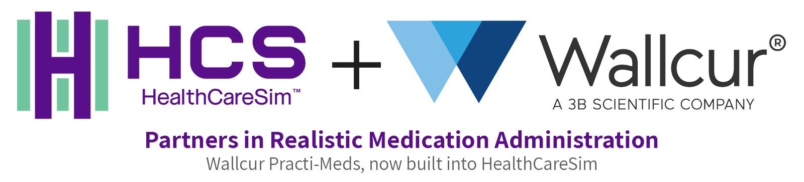 HealthCareSim and Wallcur Practi-Meds partnership - each company logo with a + sign between them.